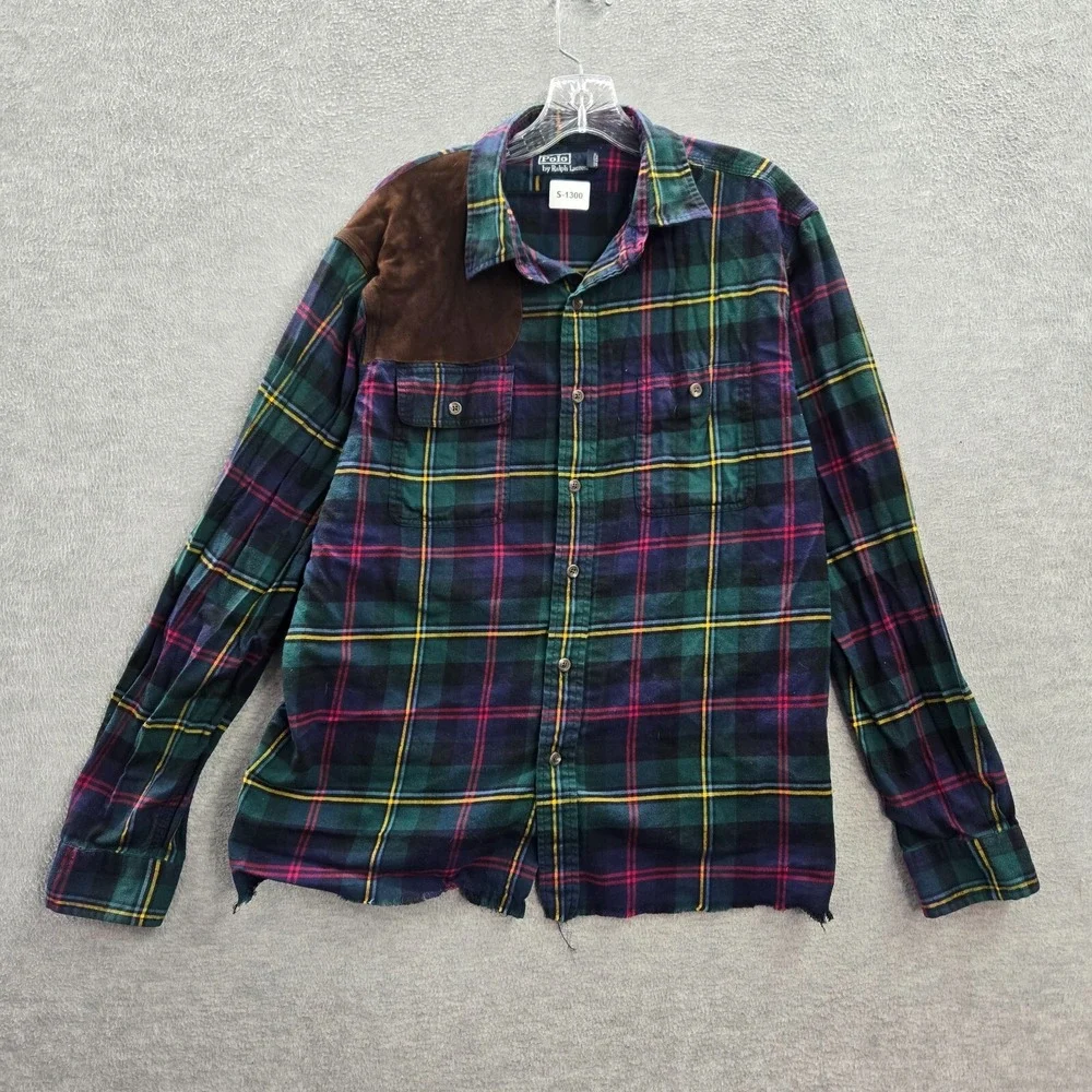 VINTAGE Polo Ralph Lauren Men Button Up Shirt XL Blue Plaid‎ Flannel Faux Suede